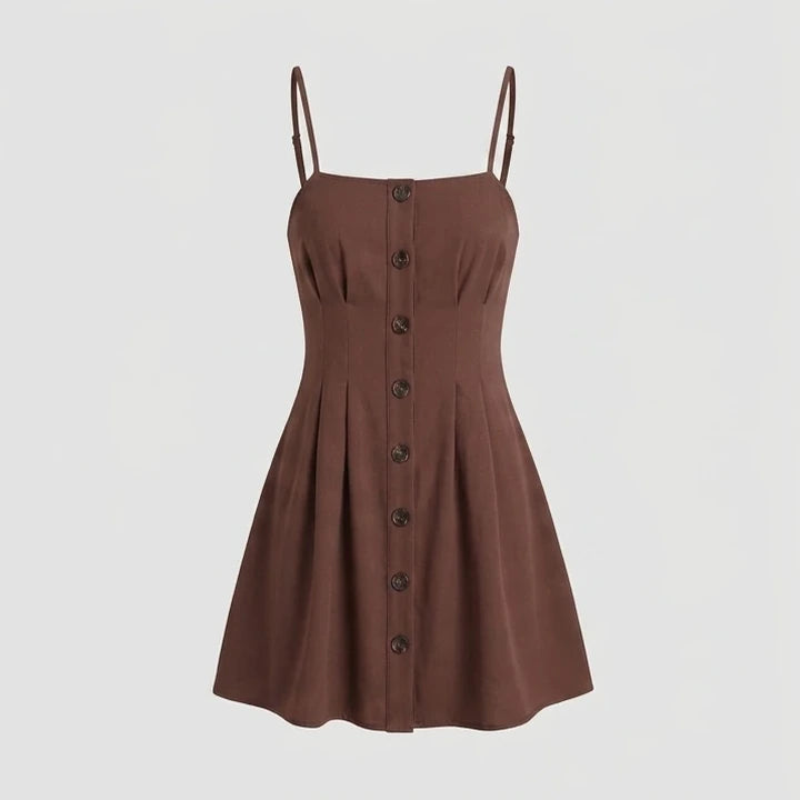 Front product-only image of Brown Button Pleated Slip Mini Dress