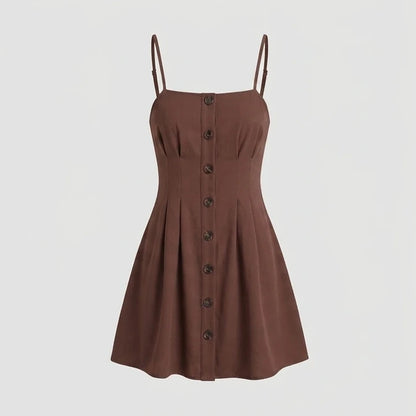 Front product-only image of Brown Button Pleated Slip Mini Dress