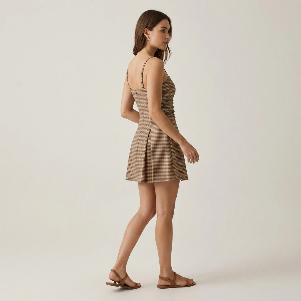 Second natural lifestyle image of a model wearing Brown Plaid Ruched Slip Mini Dress
