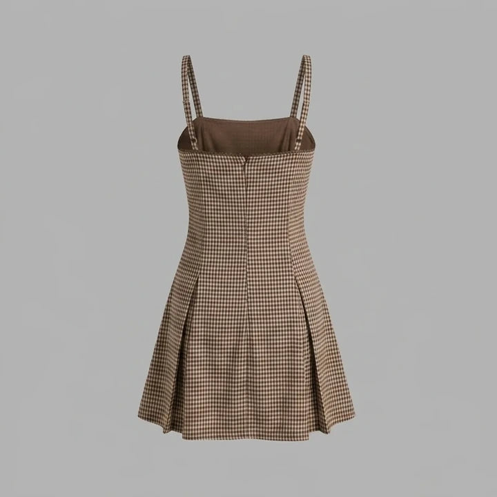 Back product-only image of Brown Plaid Ruched Slip Mini Dress