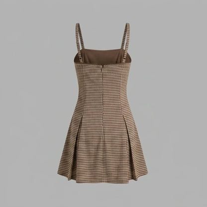 Back product-only image of Brown Plaid Ruched Slip Mini Dress