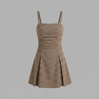 Front product-only image of Brown Plaid Ruched Slip Mini Dress