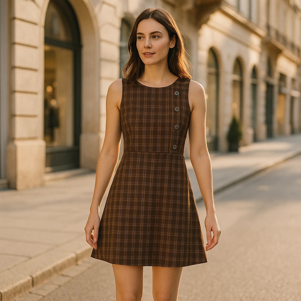 Natural lifestyle image of a model wearing Brown Ruched Plaid Mini Dress Sheath Sleeveless Viscose Modern Summer