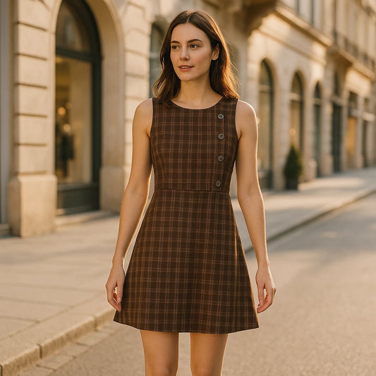 Natural lifestyle image of a model wearing Brown Ruched Plaid Mini Dress Sheath Sleeveless Viscose Modern Summer