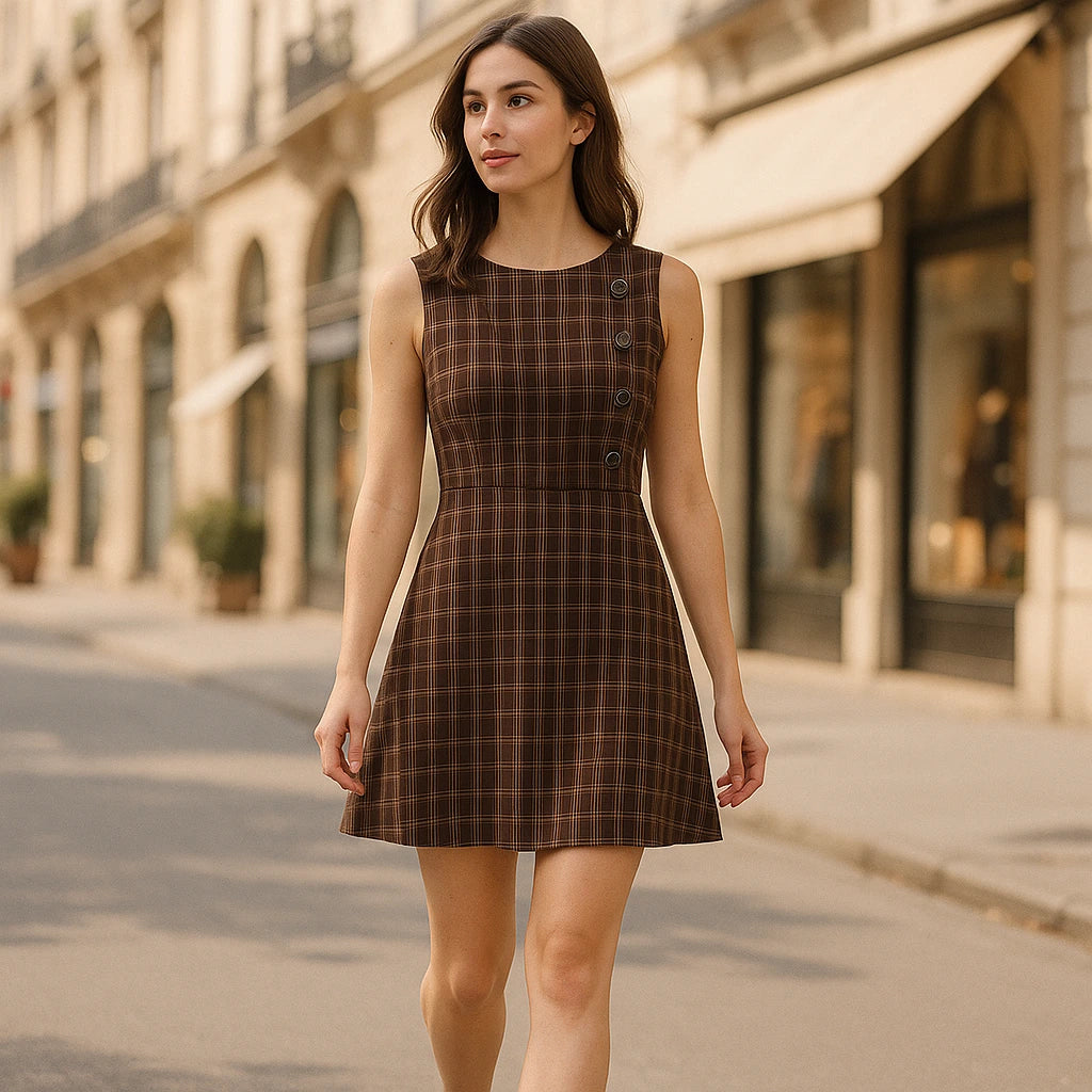 Second natural lifestyle image of a model wearing Brown Ruched Plaid Mini Dress Sheath Sleeveless Viscose Modern Summer