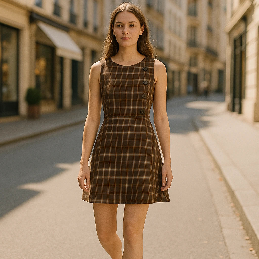 Third natural lifestyle image of a model wearing Brown Ruched Plaid Mini Dress Sheath Sleeveless Viscose Modern Summer