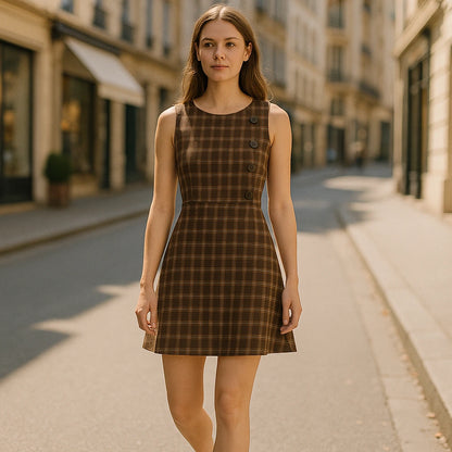 Third natural lifestyle image of a model wearing Brown Ruched Plaid Mini Dress Sheath Sleeveless Viscose Modern Summer