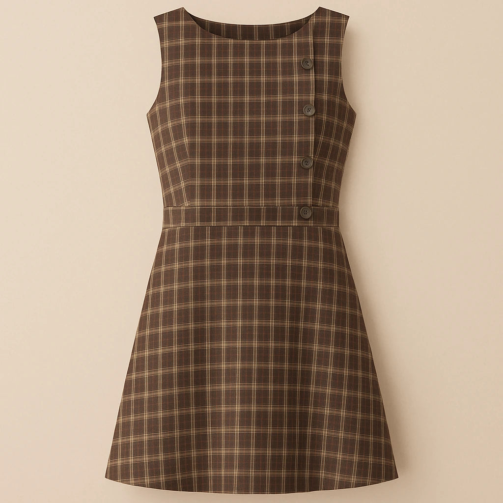 Isolated product image of Brown Ruched Plaid Mini Dress Sheath Sleeveless Viscose Modern Summer on simple background