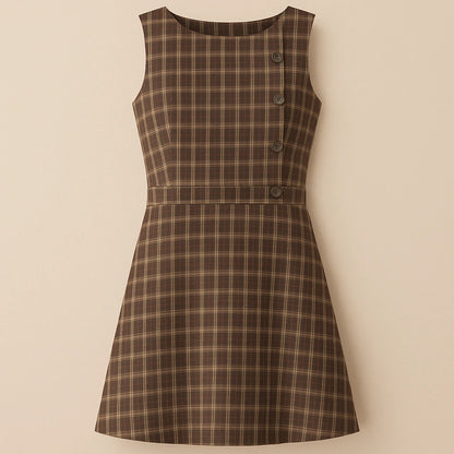 Isolated product image of Brown Ruched Plaid Mini Dress Sheath Sleeveless Viscose Modern Summer on simple background