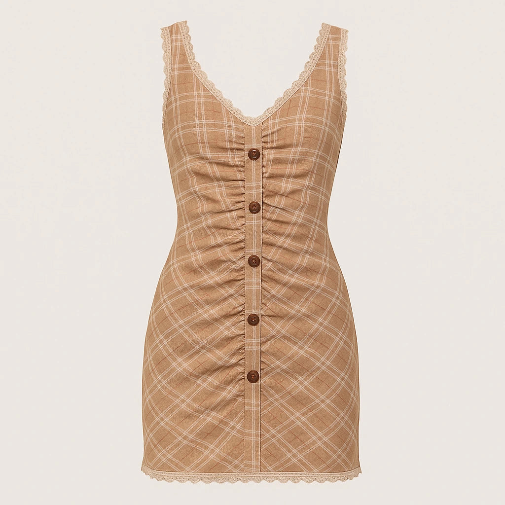 Isolated product image of Brown Ruched Plaid Mini Dress Sheath Sleeveless Viscose Modern Summer, front view