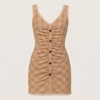 Isolated product image of Brown Ruched Plaid Mini Dress Sheath Sleeveless Viscose Modern Summer, front view
