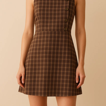 Model wearing Brown Ruched Plaid Mini Dress Sheath Sleeveless Viscose Modern Summer with close focus on the product