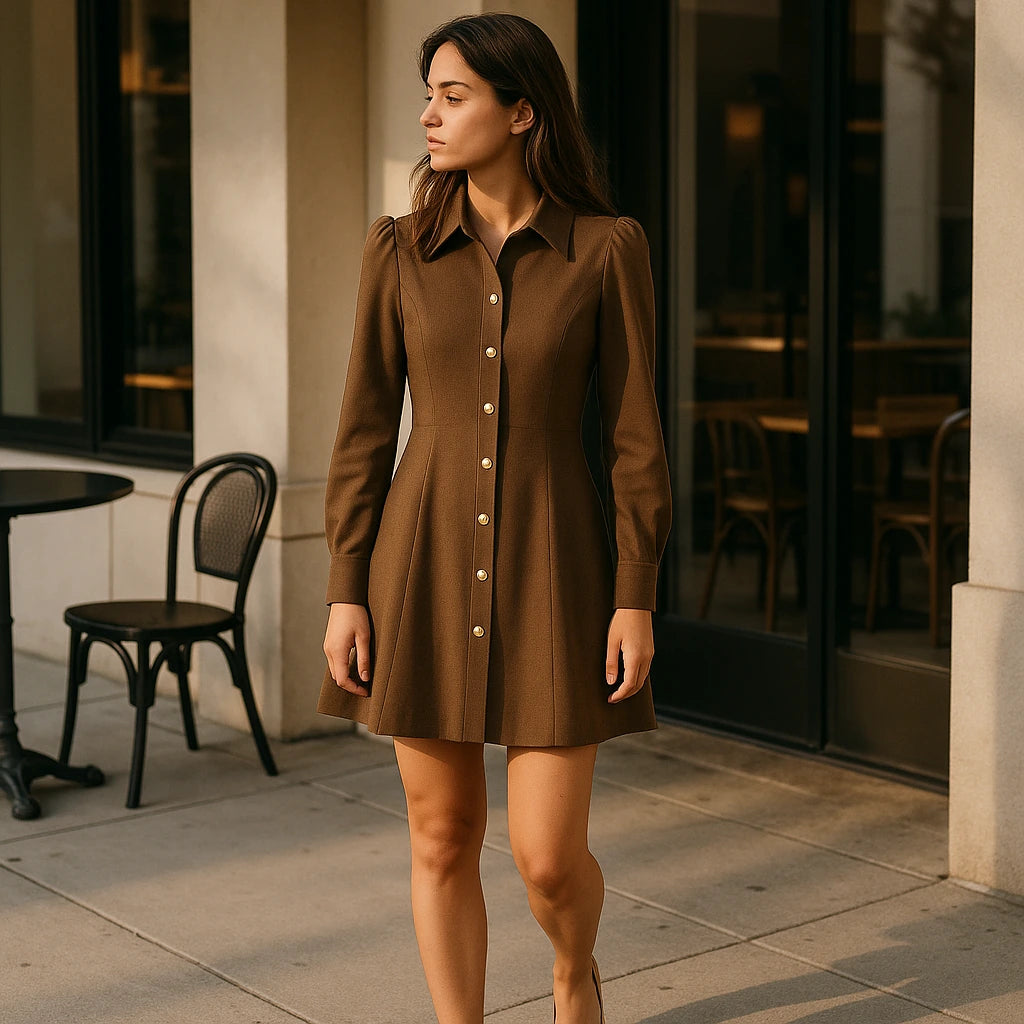 Natural lifestyle image of a model wearing Brown Long Sleeve Puffed Mini Dress Workwear Summer