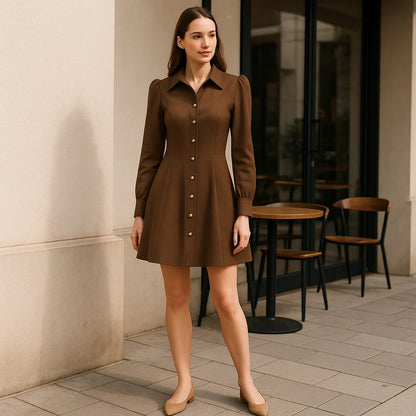 Second natural lifestyle image of a model wearing Brown Long Sleeve Puffed Mini Dress Workwear Summer