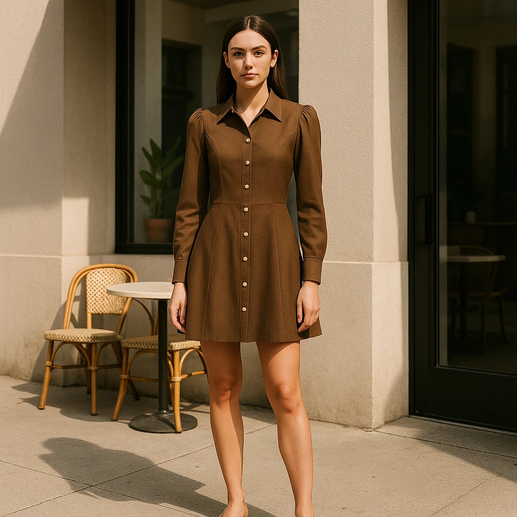 Third natural lifestyle image of a model wearing Brown Long Sleeve Puffed Mini Dress Workwear Summer