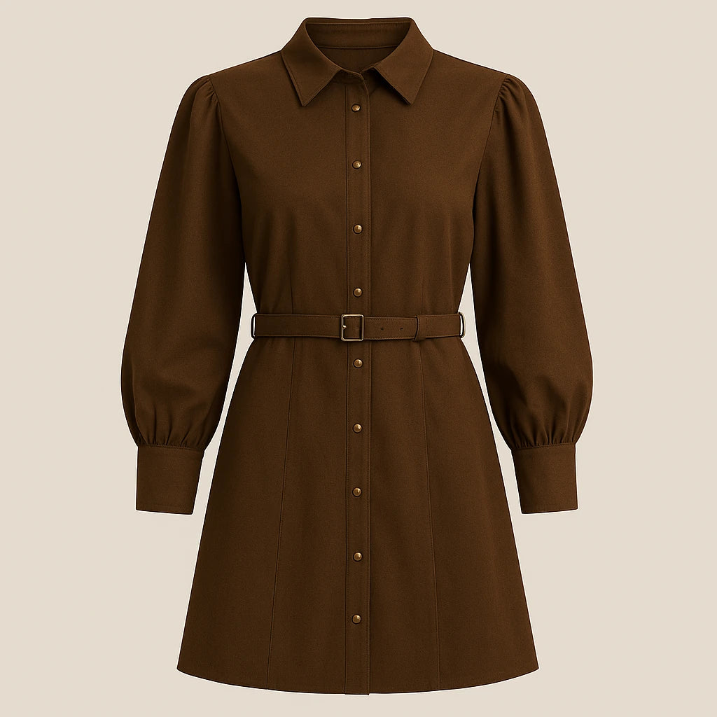 Isolated product image of Brown Long Sleeve Puffed Mini Dress Workwear Summer, front view