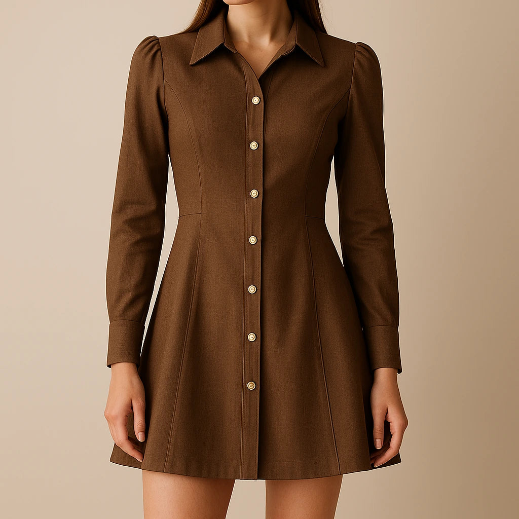 Model wearing Brown Long Sleeve Puffed Mini Dress Workwear Summer with close focus on the product