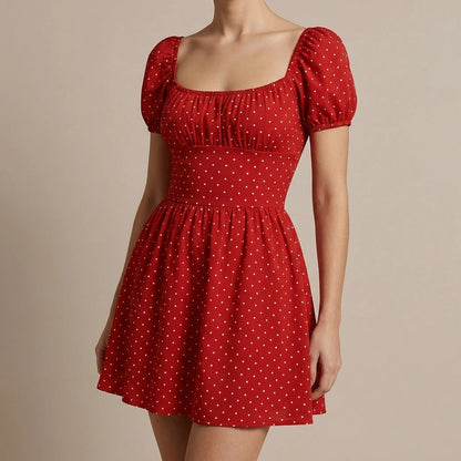 Cute Red Polka Dot Ruched Mini Dress for Women, Skater A-Line, Puffed Short Sleeve, Casual Daily Summer, Square Neck, Natural Waist, Polyester — lifestyle