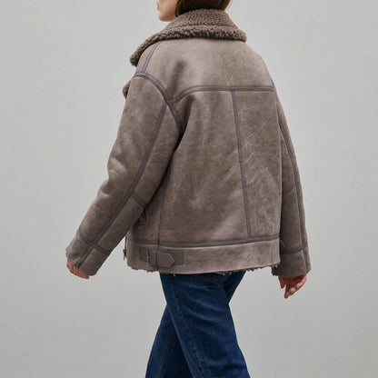 Women's Faux Shearling Long Sleeve Stand-Up Collar Reversible Jacket Coat — lifestyle