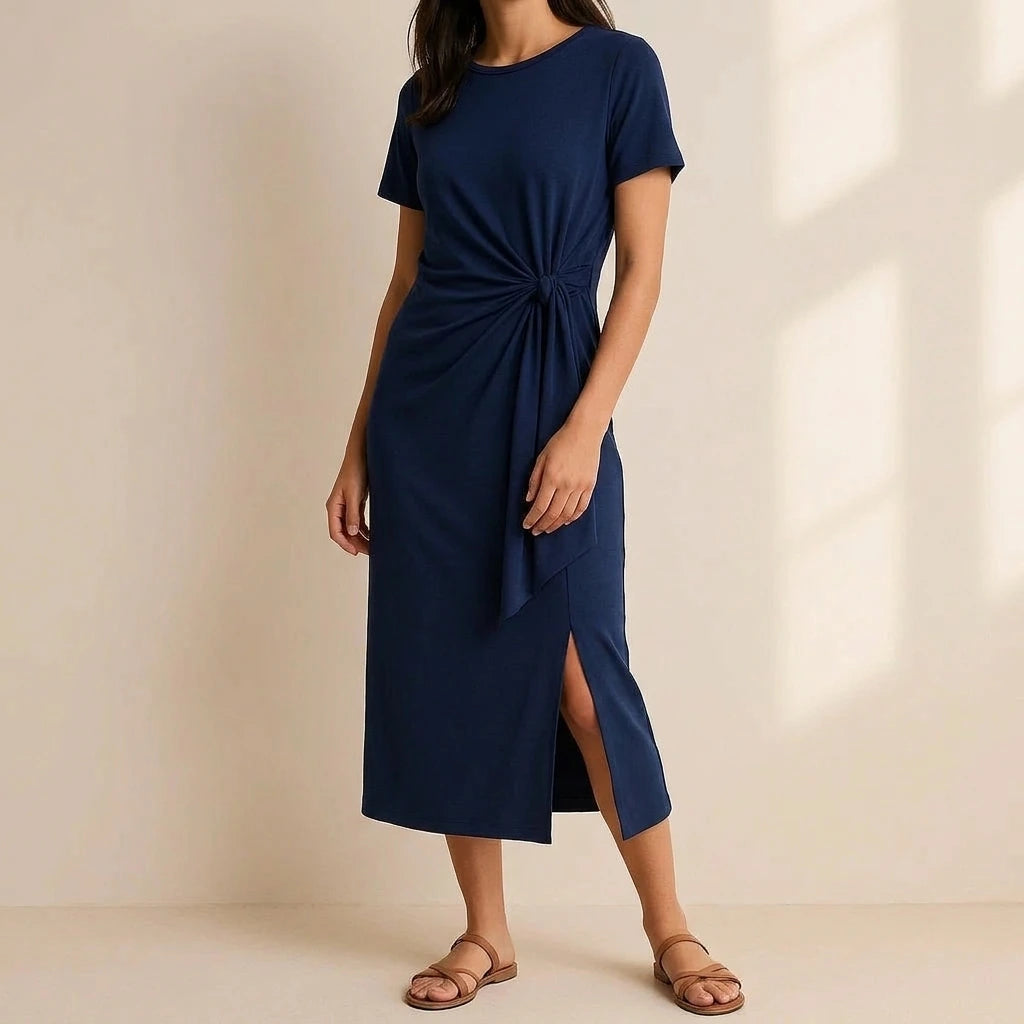 Elegant Blue Ruched Sheath Maxi Dress for Women, Short Sleeve, Knit, Casual Daily Wear, Natural Waisted, Summer, Polyester — lifestyle_lead