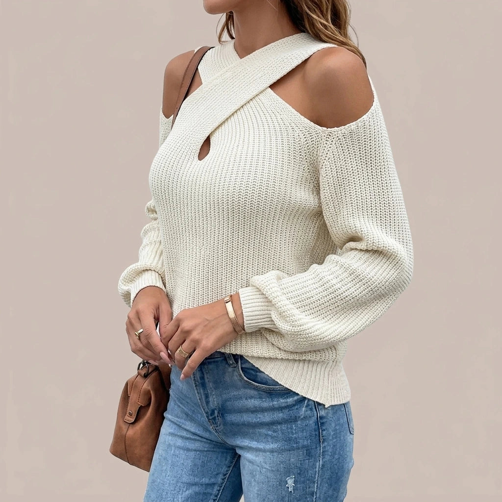 Hairy Rain Cross Neck Lantern Sleeve Knit Shirt Autumn and Winter New Type Solid Color Shoulderless Sweater — lifestyle