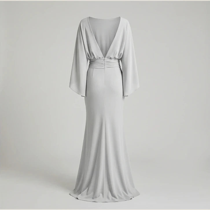 Silver Backless Maxi Dress, Pleated Mermaid Long Gown, Batwing Three-Quarter Sleeve, Elegant Polyester, Summer — product_only_back
