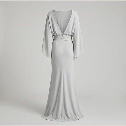 Silver Backless Maxi Dress, Pleated Mermaid Long Gown, Batwing Three-Quarter Sleeve, Elegant Polyester, Summer — product_only_back