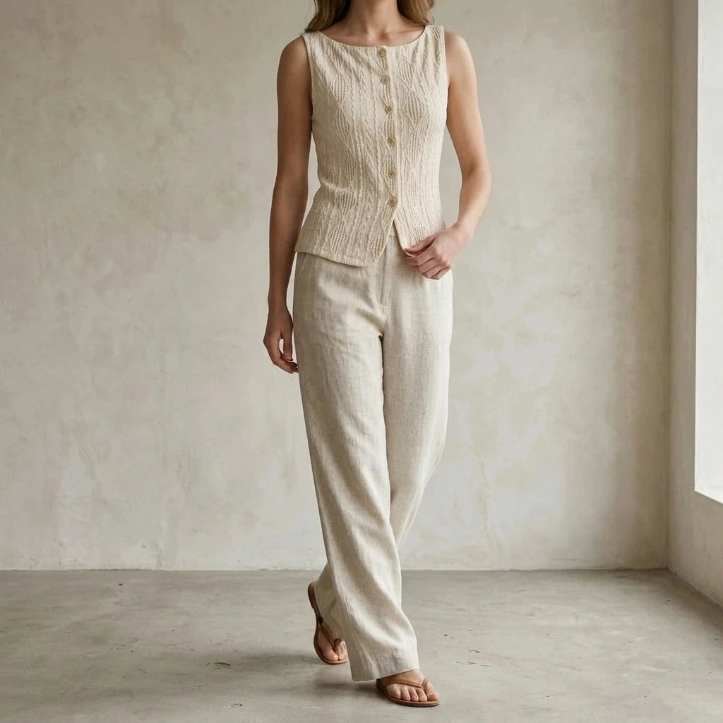 Elegant Jacquard Boat Neck Tank Top Women’s Sleeveless Workwear Daily Office Basic Geometric Button Detail Hip Length Medium Stretch Polyester Beige Summer — lifestyle_lead