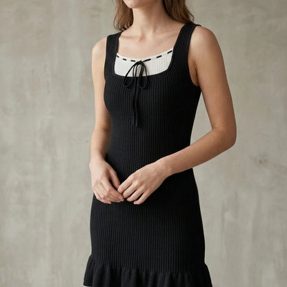 Elegant Bodycon Sweater Dress Women’s Sleeveless Square Neck Medium Stretch Contrasting Colors Daily Wear Black Viscose Summer — lifestyle