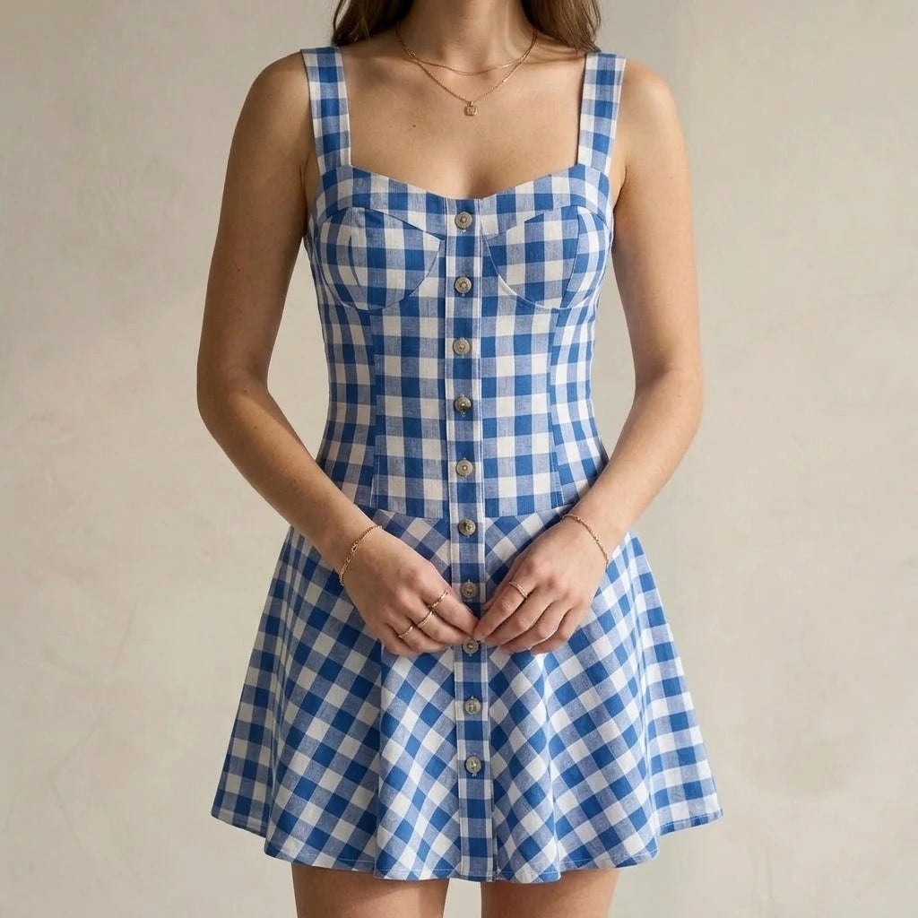Chic Blue Plaid Skater Mini Dress Women’s Slip A-Line Sweetheart Neck Sleeveless Cotton Polyester Casual Summer Outfits — lifestyle