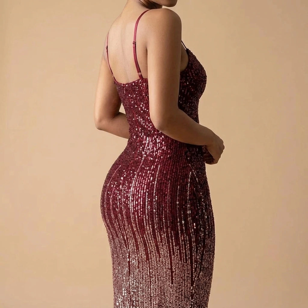 Shimmering Sequin Strapless Fitted Midi Dress for Party, Wedding, Banquet Occasions — lifestyle