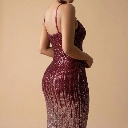 Shimmering Sequin Strapless Fitted Midi Dress for Party, Wedding, Banquet Occasions — lifestyle