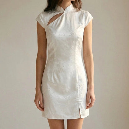 Elegant Floral A-Line Skater Mini Dress Women’s Cut Out Slit Mandarin Collar Cap Sleeve Jacquard Polyester Daily Spring Summer White — lifestyle