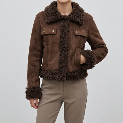 Shearling Coat Women Winter Short Length Faux Fur Collar Thick Warm Jacket Parka — lifestyle