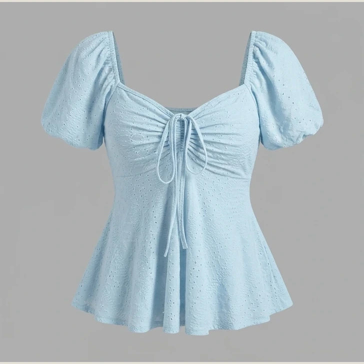 2026 Women Y2k Summer Tops V-Neck Drawstring Sexy Lace Up Short Sleeve Solid Color Shirts Female Elegant Casual Fashion Blouses — product_only_front
