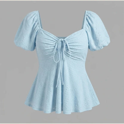 2026 Women Y2k Summer Tops V-Neck Drawstring Sexy Lace Up Short Sleeve Solid Color Shirts Female Elegant Casual Fashion Blouses — product_only_front