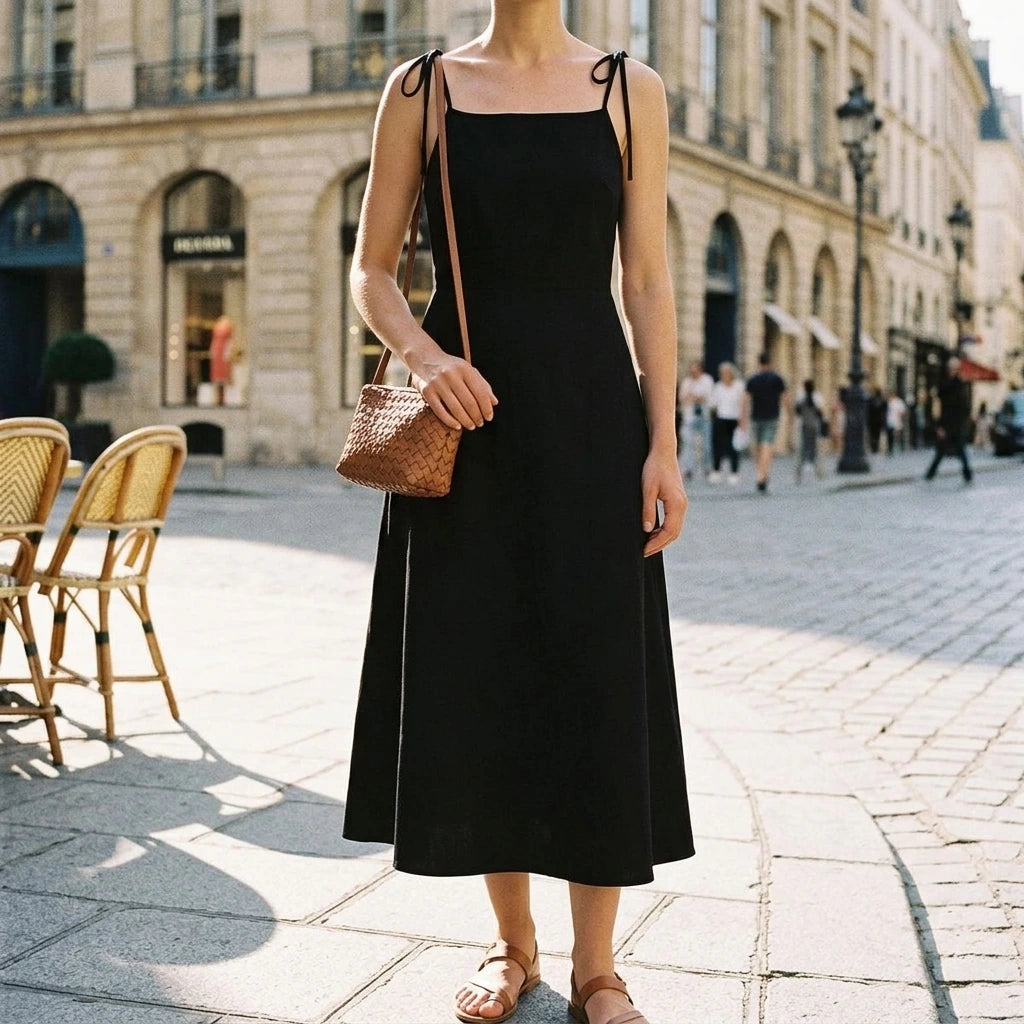 Black French Bow Flute Midi Dress, V-Neck Strapless, Sleeveless High Waist, Elegant Summer Polyester — lifestyle
