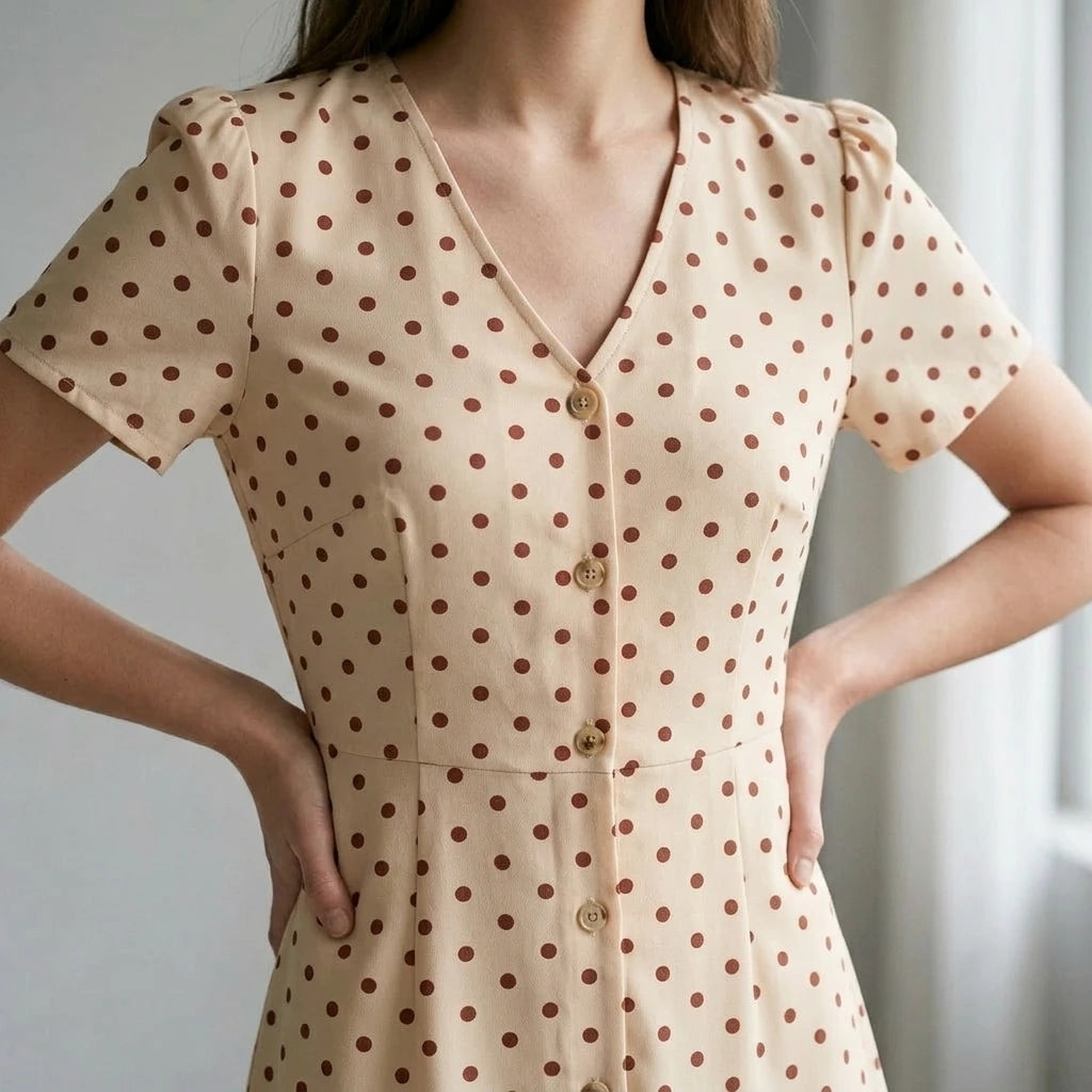 Chic Polka Dot Mini Dress for Women, V Neck, A-Line, Natural Waist, Short Sleeve, Casual Summer Party, Beige Polyester — lifestyle_lead