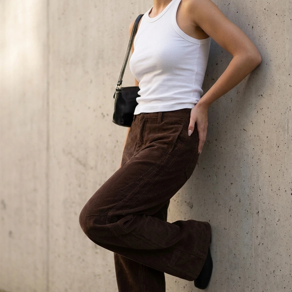 Corduroy Casual Pants for Women, Pleated Design Straight Leg Trousers — lifestyle