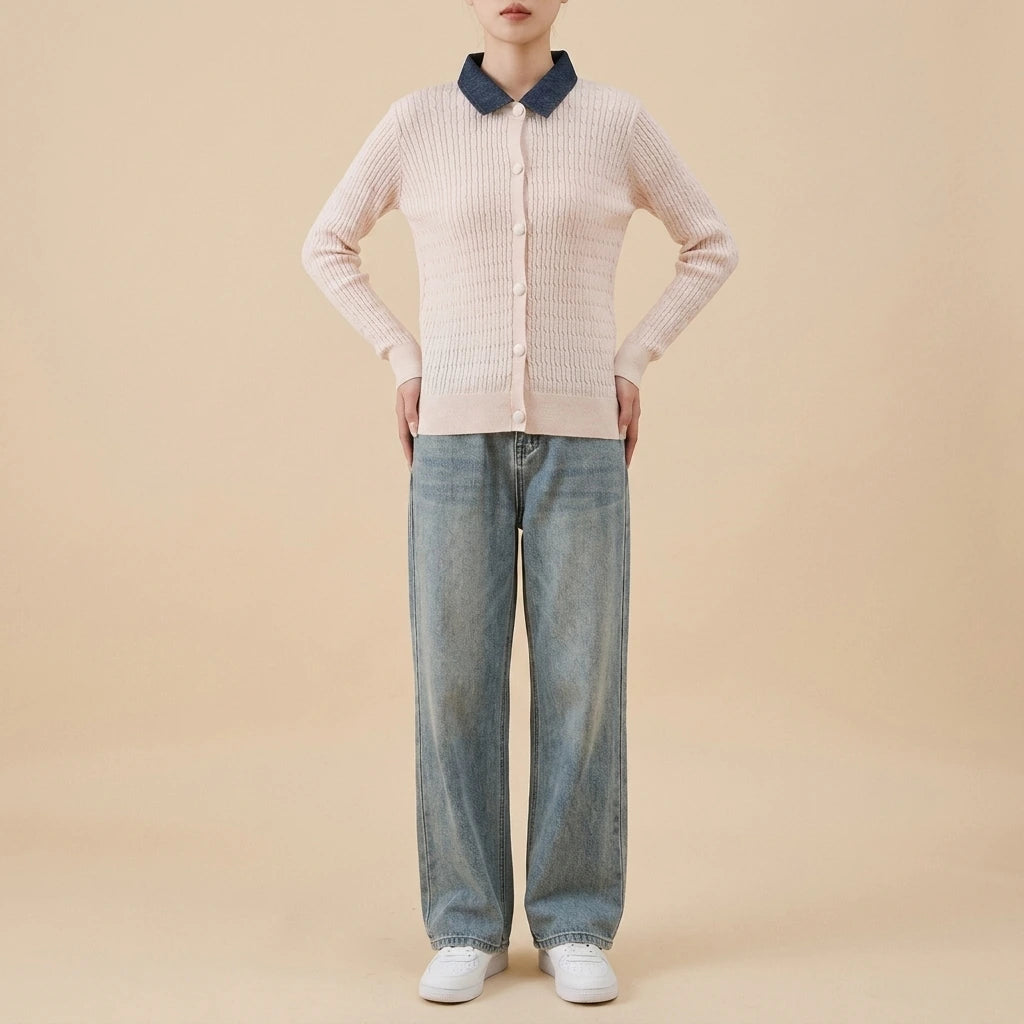 Chunky Knit Color-block Polo Neck Sweater for WomenLoose Fit Slimming Design Autumn/Winter Outwear — lifestyle_lead