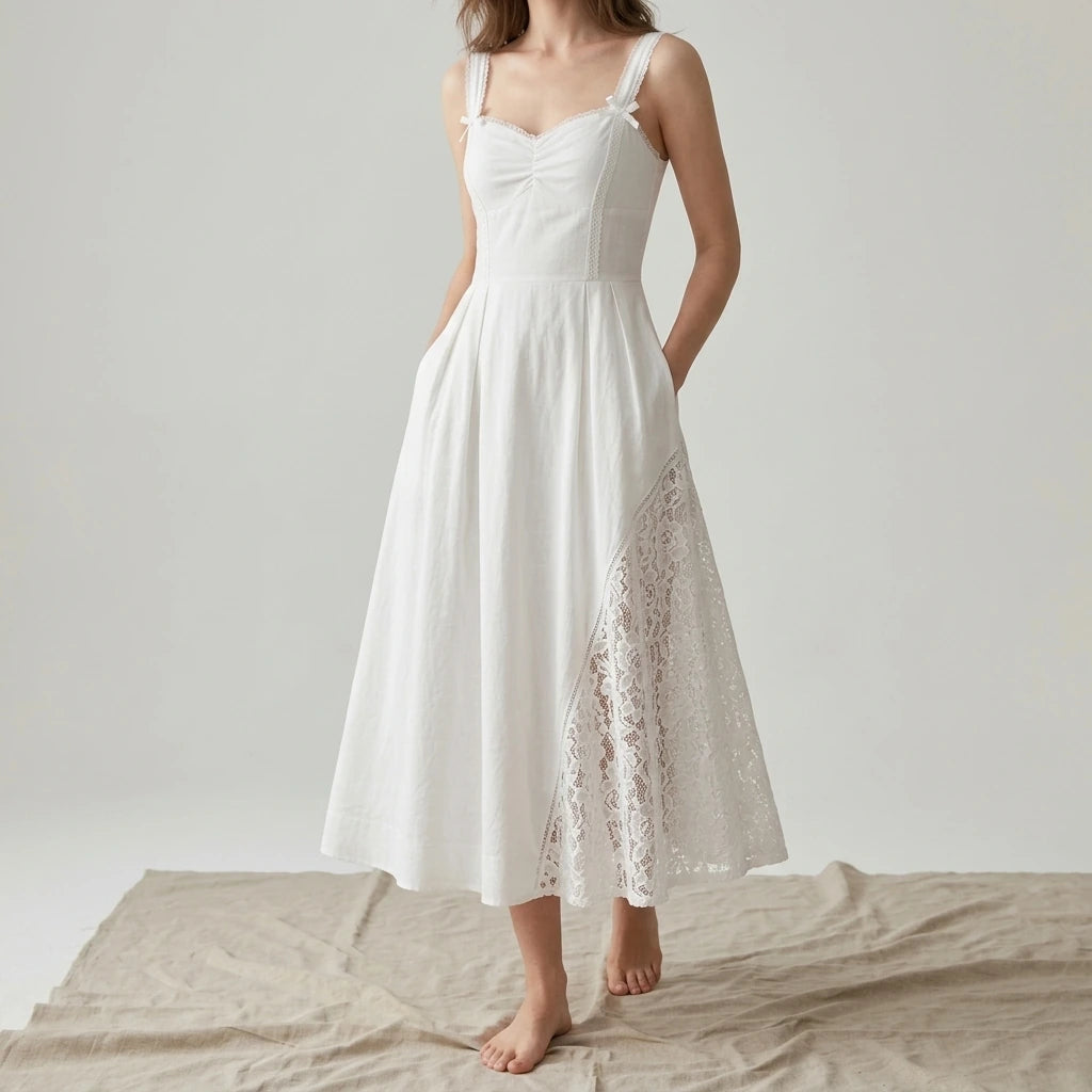 Shirred Sheath Midi Dress for Women Beach Vacation Wear Sleeveless Lace Splicing Textured Cotton White Summer Spring — lifestyle