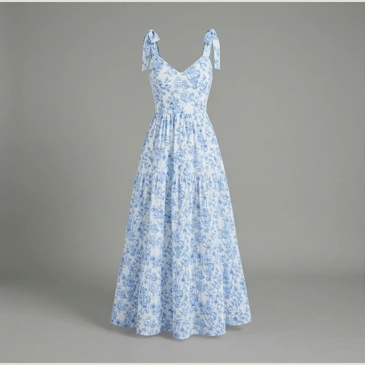 French Elegant Floral Print Long Dress Pleated Flounce V-Neck Sleeveless Ruffled Summer New Light Blue Gown for Ladies — variant_front