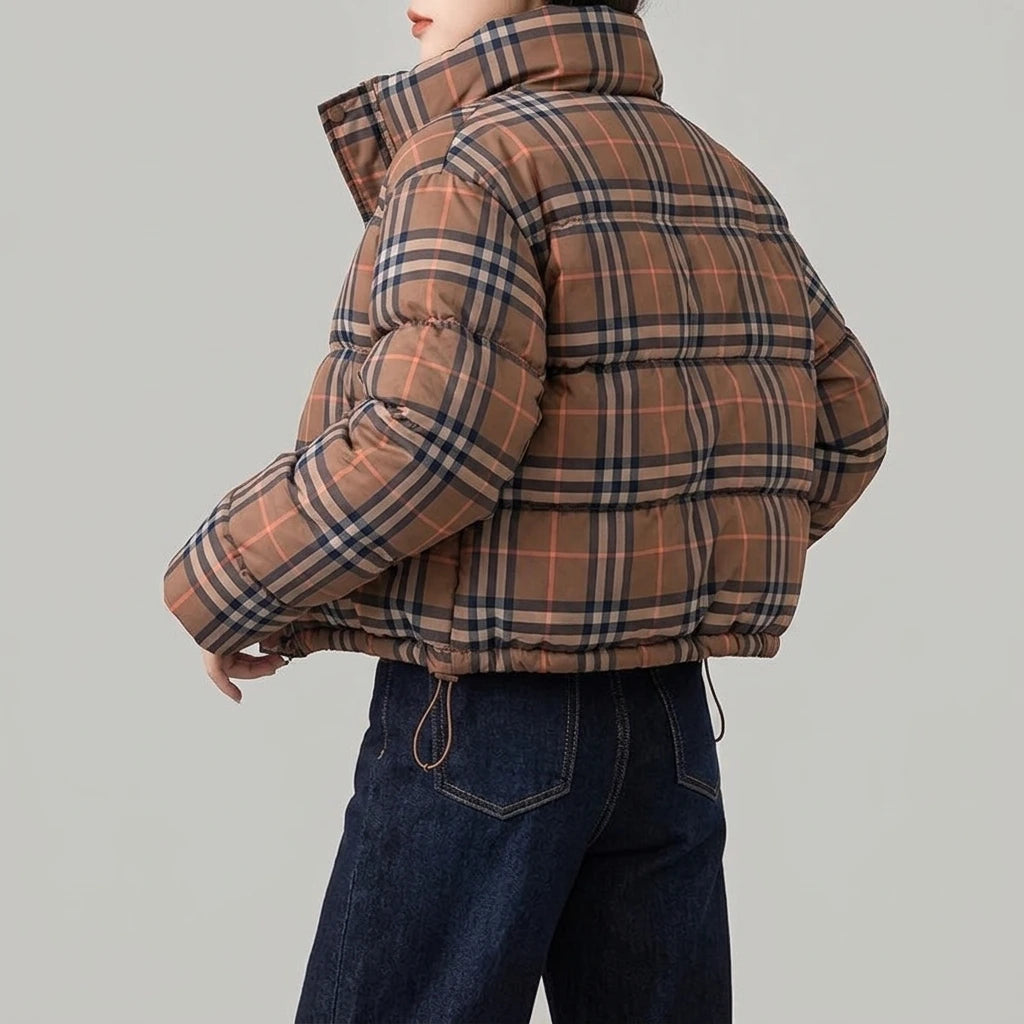 Winter New  Plaid Short Puffer Coat for Petite Women, Thick Warm Cotton Jacket, Fashionable Hooded Outwear — variant_front