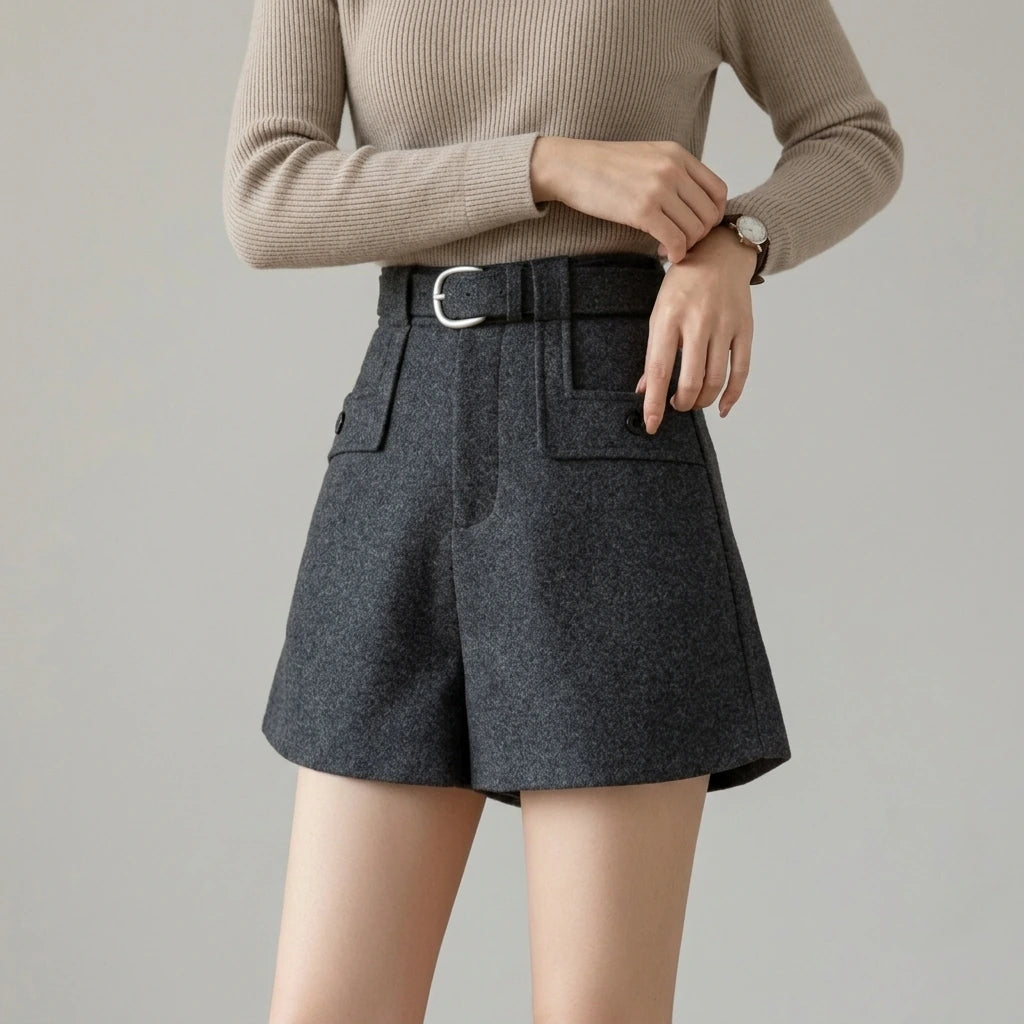Solid Color Casual Shorts for Women High Waist Woolen — variant_front