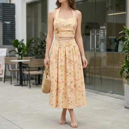 Effortless Floral Shirred Two Piece Skirt Set for Women Casual Daily Wear A-Line Elastic Waist Halter Sleeveless Midi Apricot Polyester Spring Summer — lifestyle