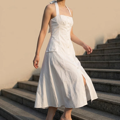 Vintage style neck button up mid length dress — lifestyle