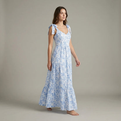 French Elegant Floral Print Long Dress Pleated Flounce V-Neck Sleeveless Ruffled Summer New Light Blue Gown for Ladies — lifestyle
