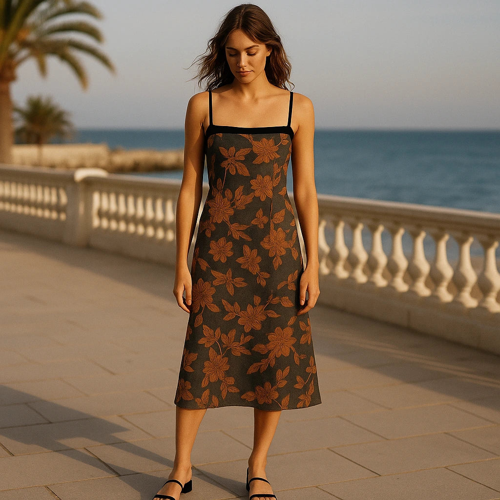 Natural lifestyle image of a model wearing Caramel Floral Slip Midi Dress Sleeveless Polyester Textured Occasion Summer