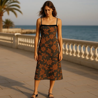 Natural lifestyle image of a model wearing Caramel Floral Slip Midi Dress Sleeveless Polyester Textured Occasion Summer