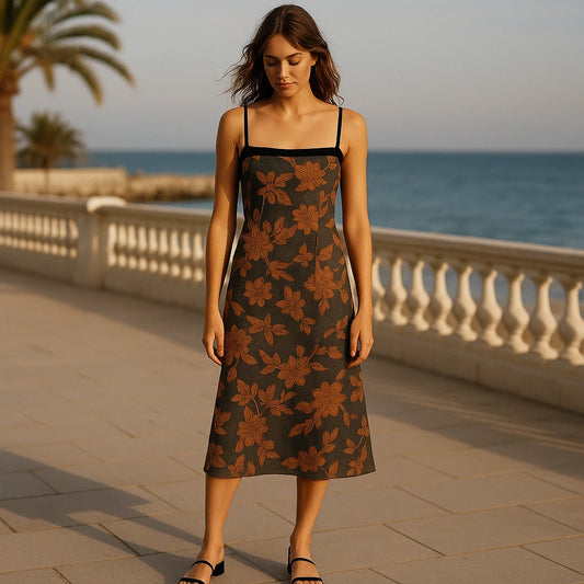Natural lifestyle image of a model wearing Caramel Floral Slip Midi Dress Sleeveless Polyester Textured Occasion Summer